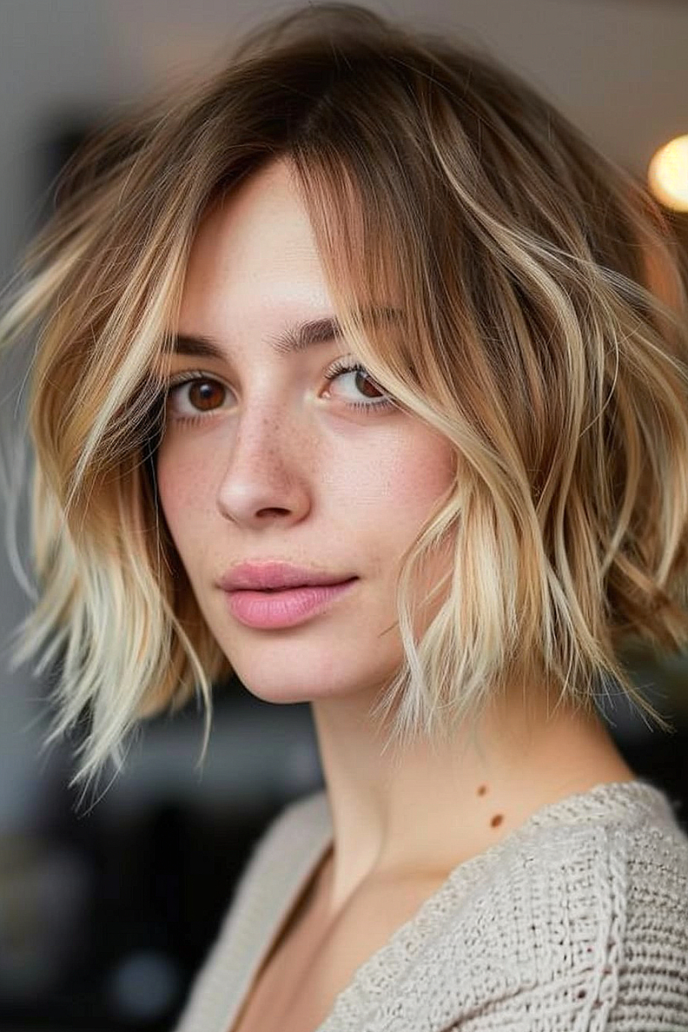 Woman with a layered bob and soft waves