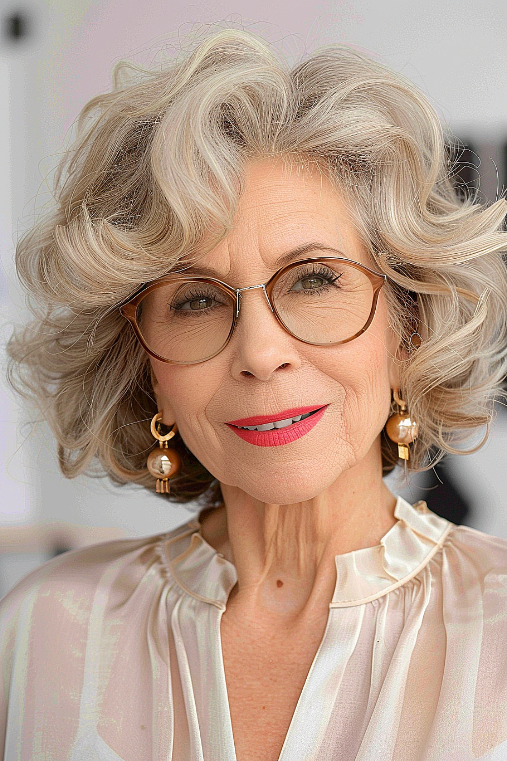 A silver layered bob with gentle waves for added volume on a mature woman