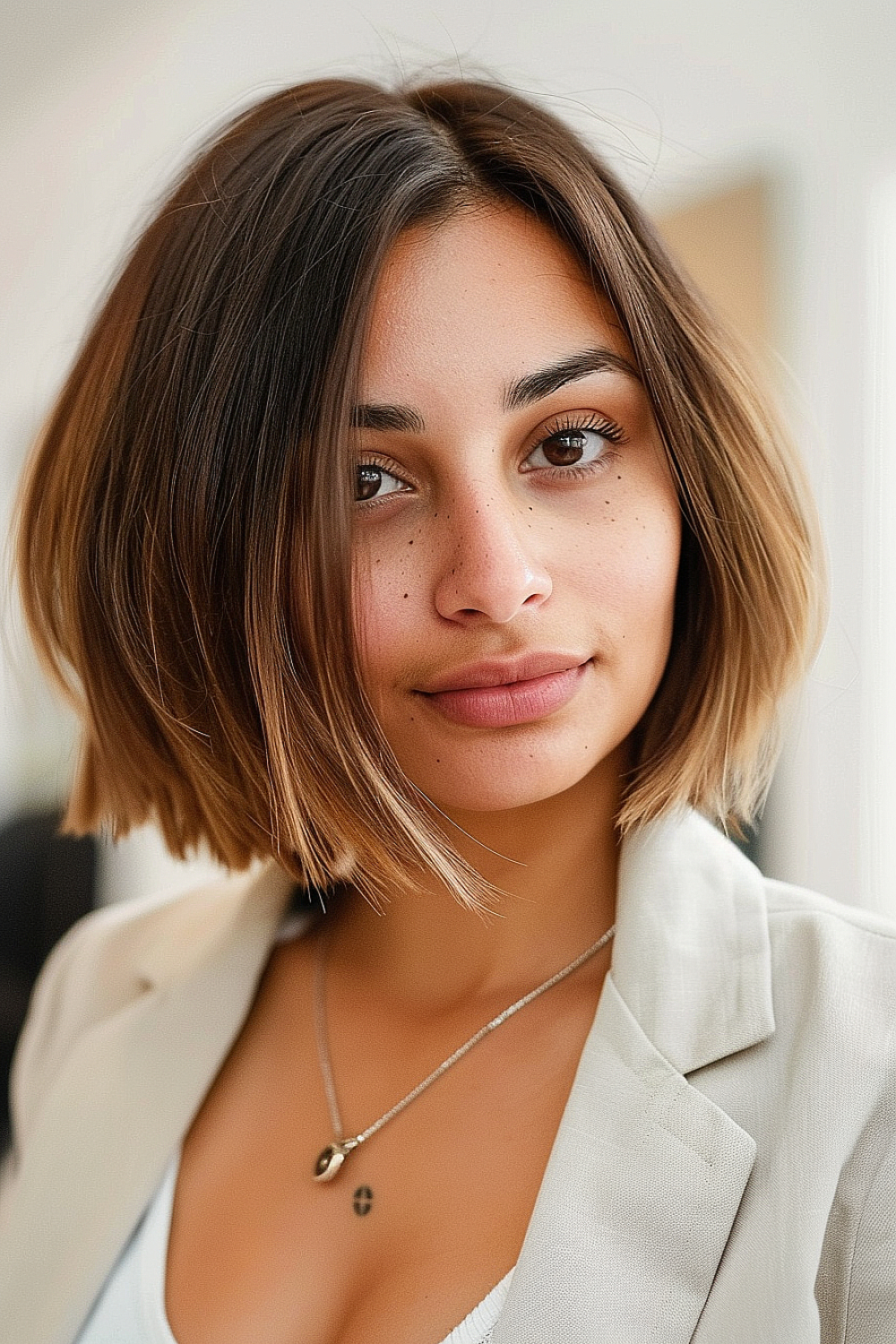 Woman with a layered bob and subtle ombre