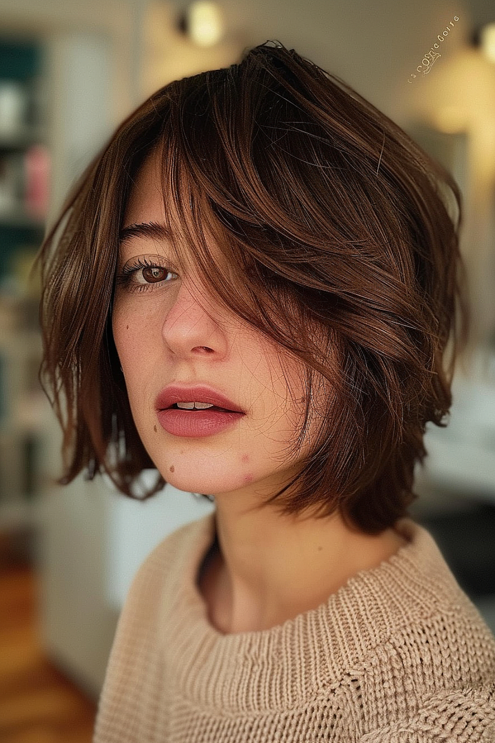 Woman with a layered bob and swoopy bangs