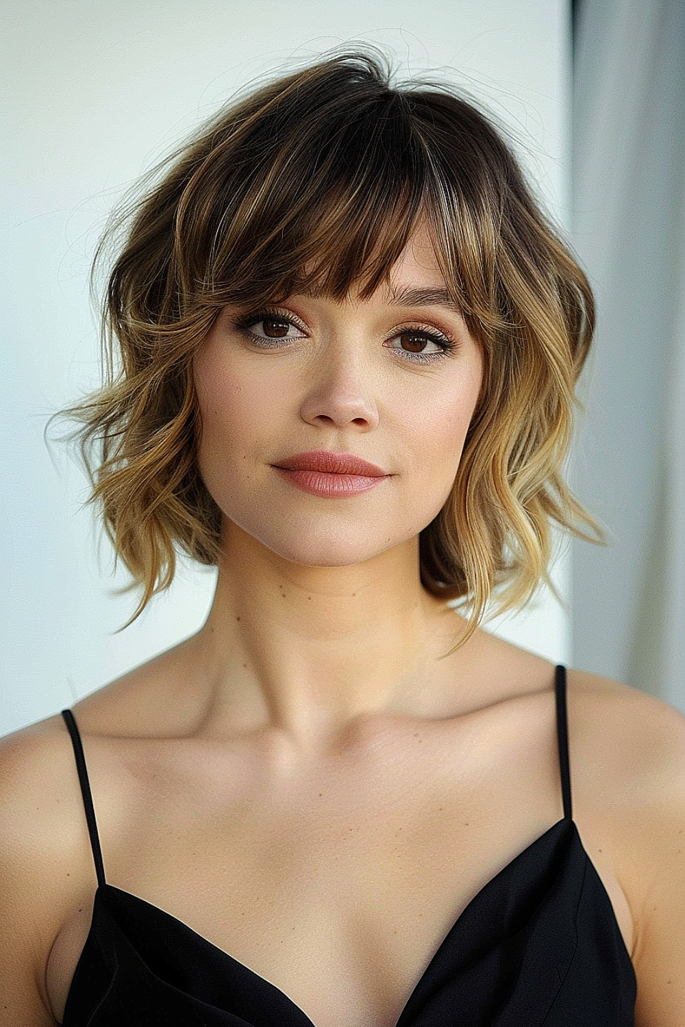 A woman with a layered bob featuring soft waves and caramel balayage