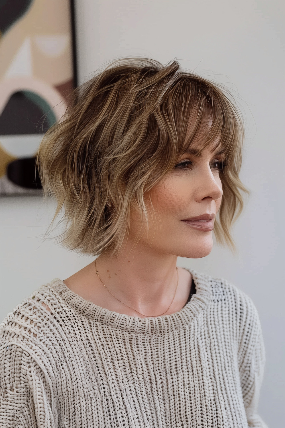 Layered chin-length cut with textured ends