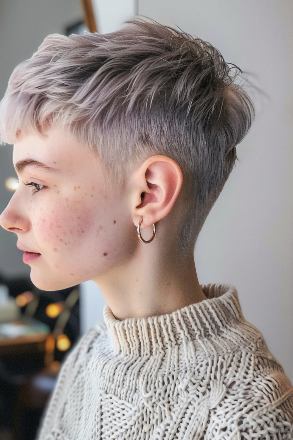 Side view of a woman with a layered crop haircut featuring a feathered crown