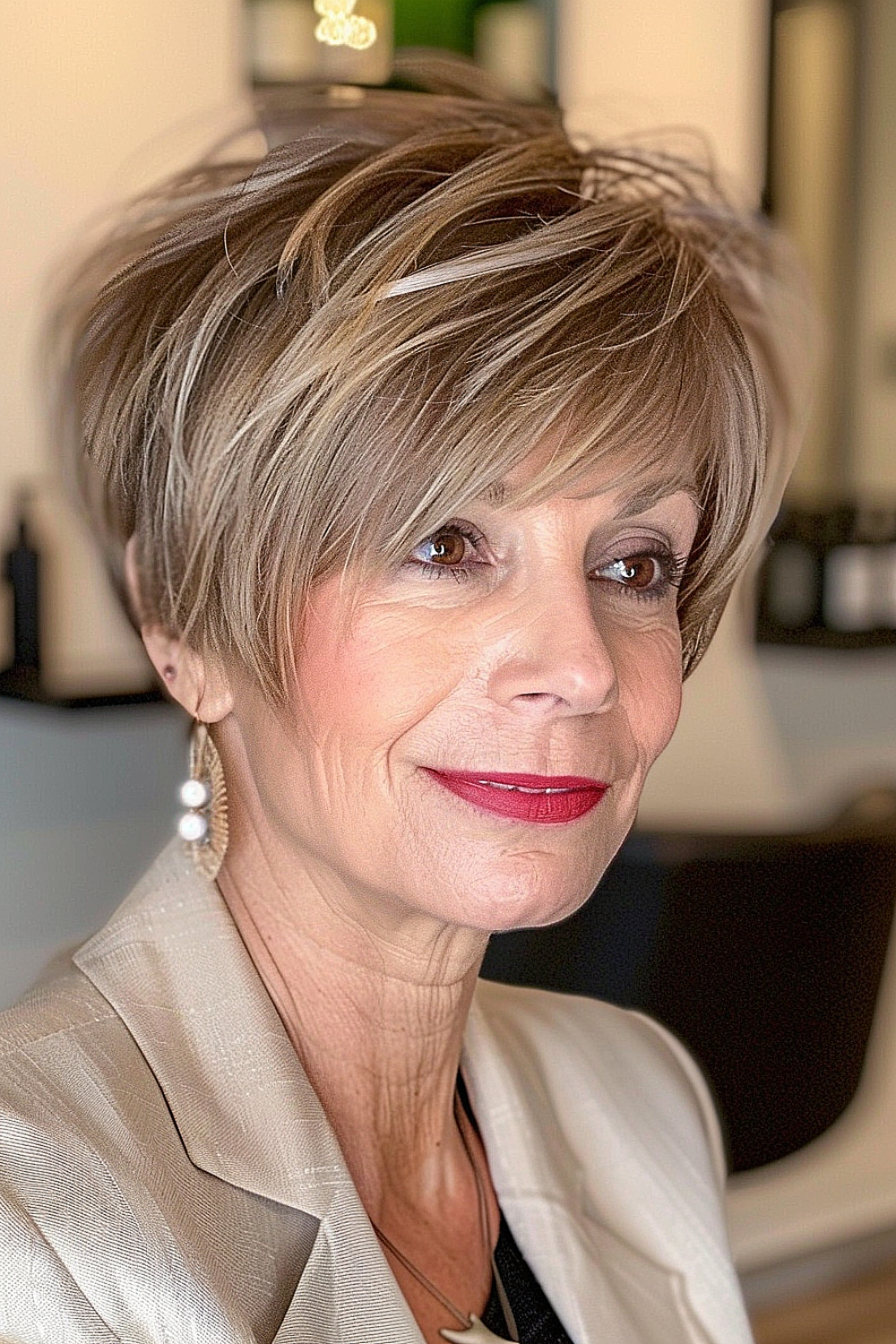 Woman over 60 with a layered crop hairstyle and side-swept bangs, featuring blended highlights.