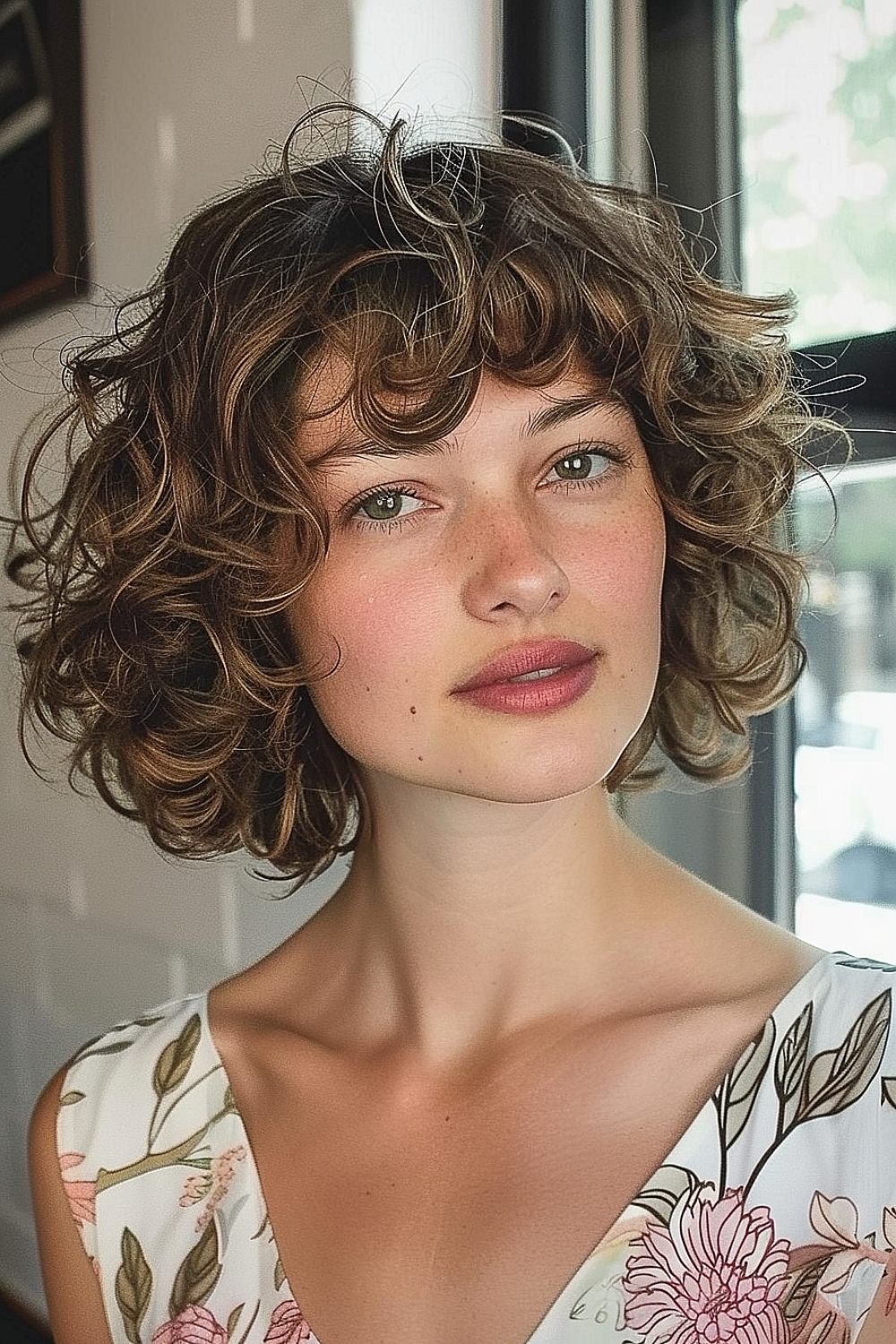 Woman with a layered curly bob and soft bangs