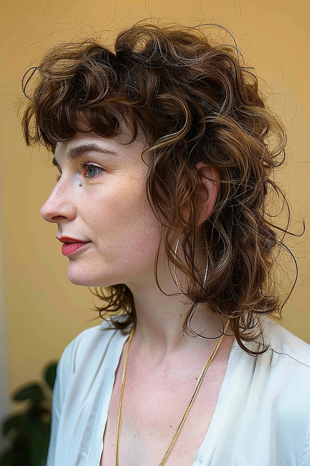 Woman with a layered curly mullet and soft bangs