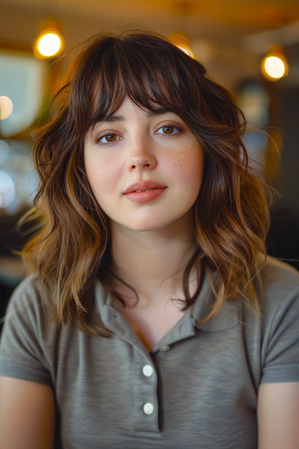 Layered hair with bangs for round face