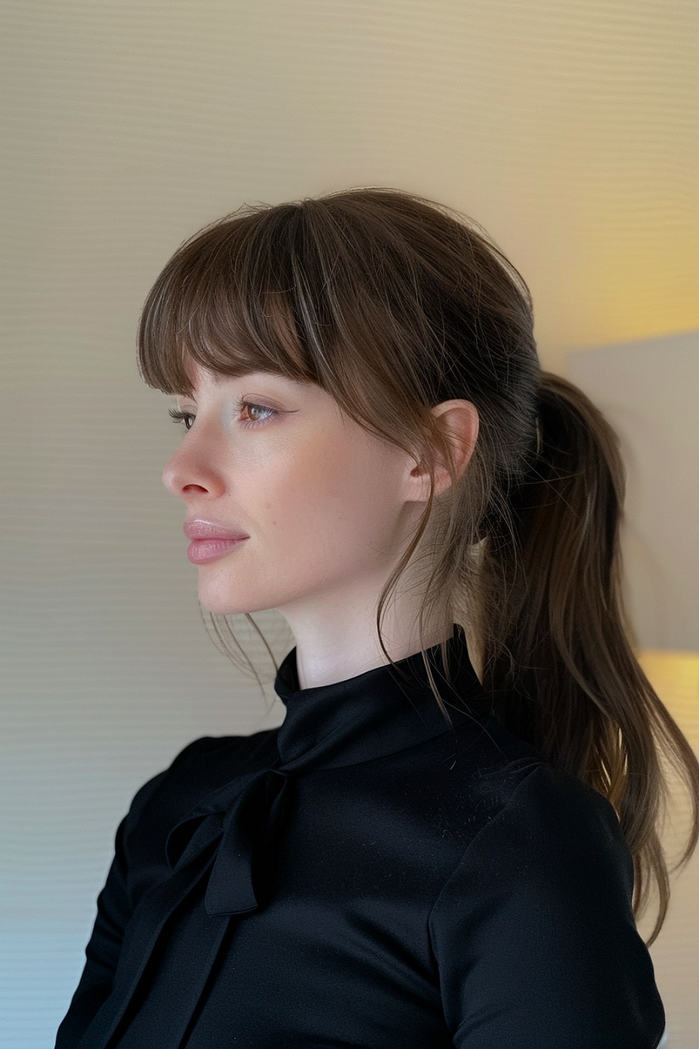 Layered hair with bangs in a ponytail