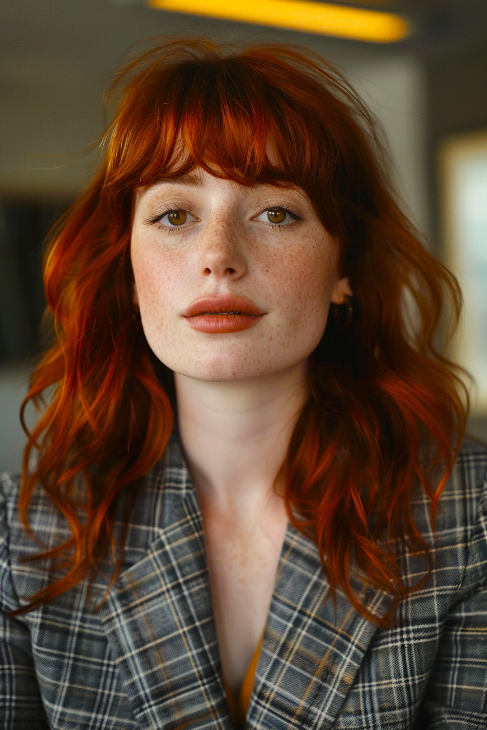 Red layered hair with bangs