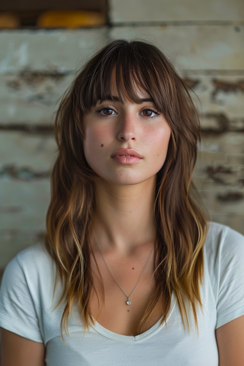 Unstyled layered hair with bangs