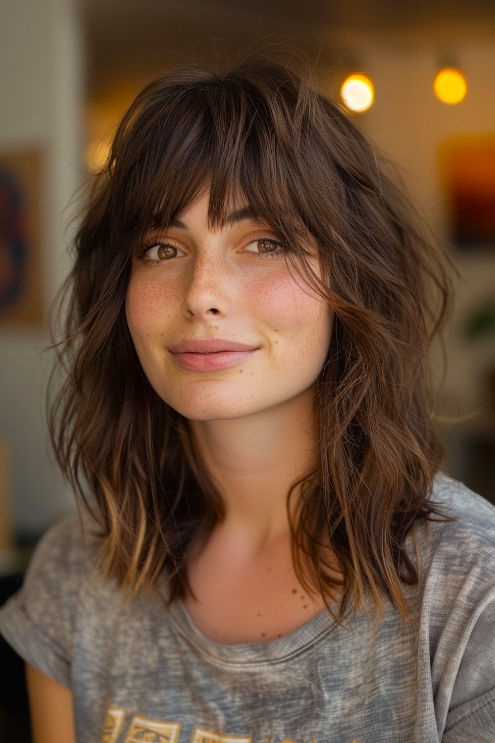 Layered hair with textured bangs