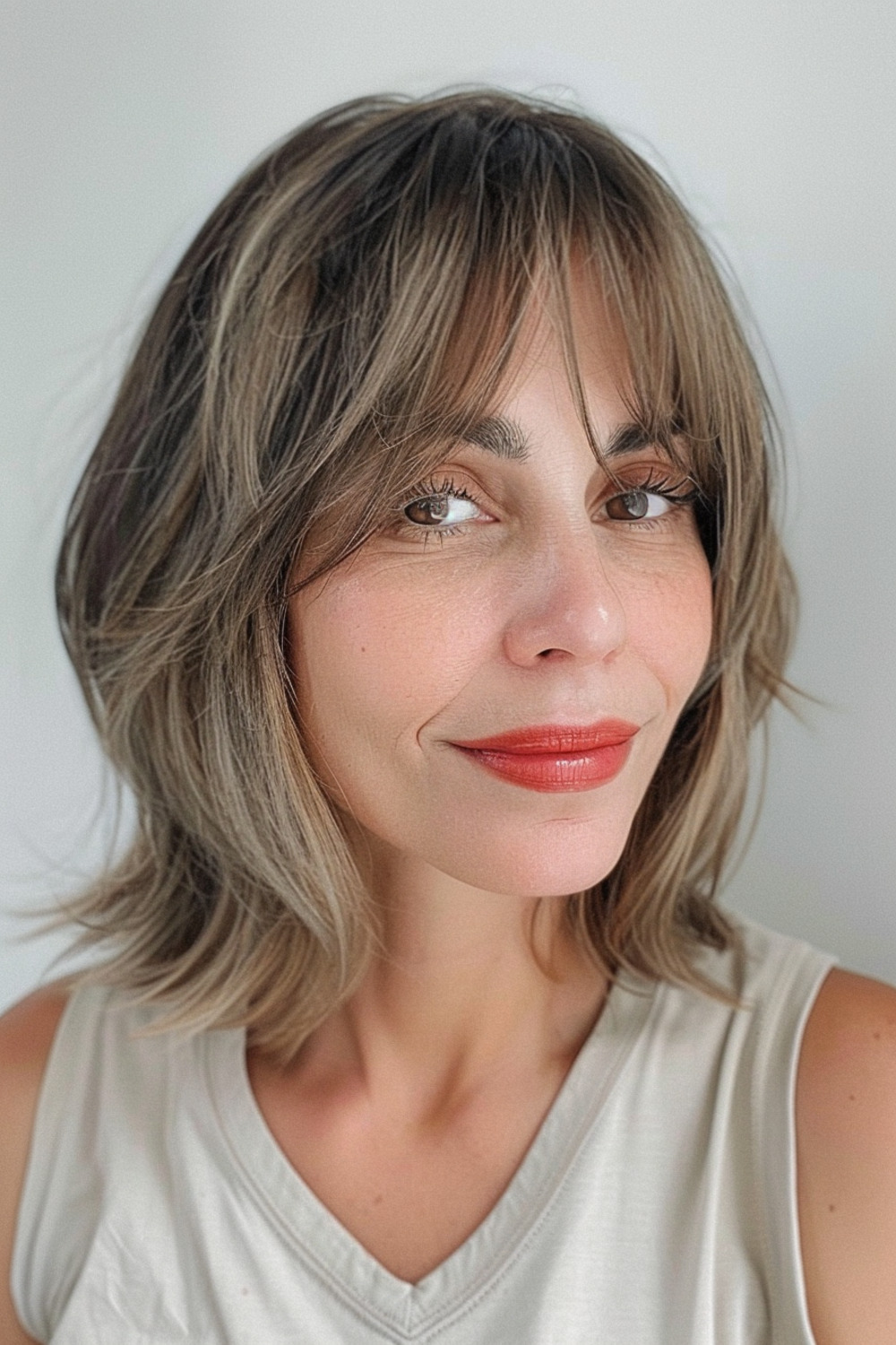 Layered lob with curtain bangs for moms