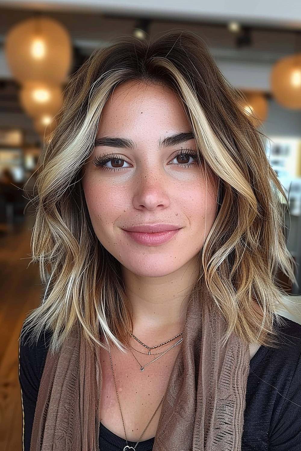 A layered lob with soft waves and face-framing highlights adding depth and brightness to the look