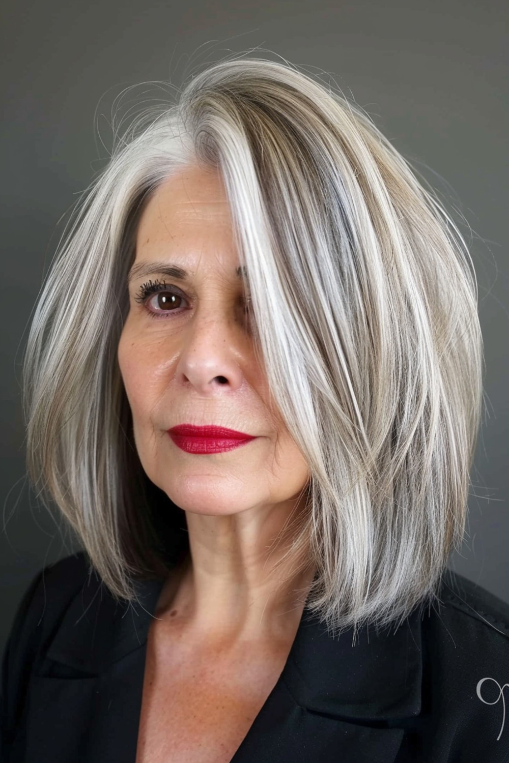 Layered bob with silver highlights for women over 50