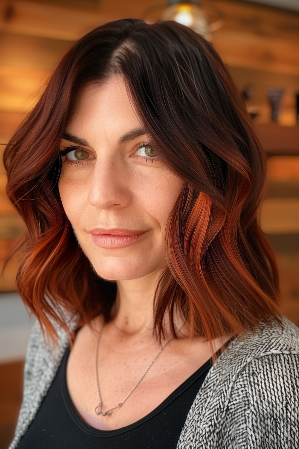 Layered lob with soft auburn highlights