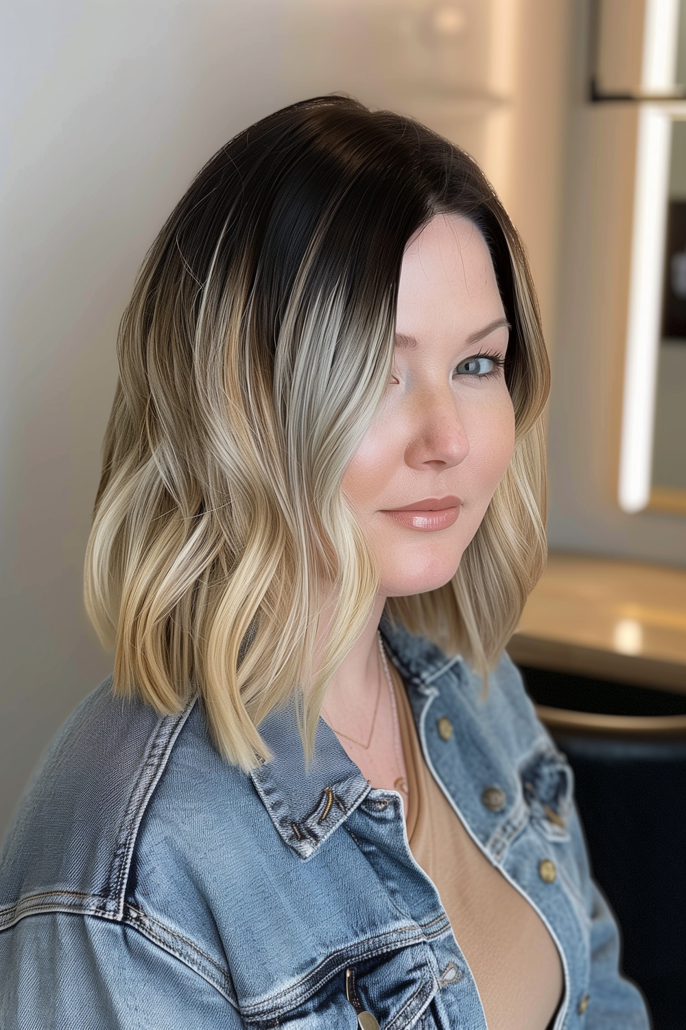 Layered lob with soft champagne blonde ombre