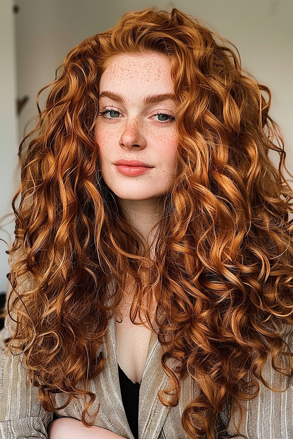 Layered long curls with vibrant copper tones