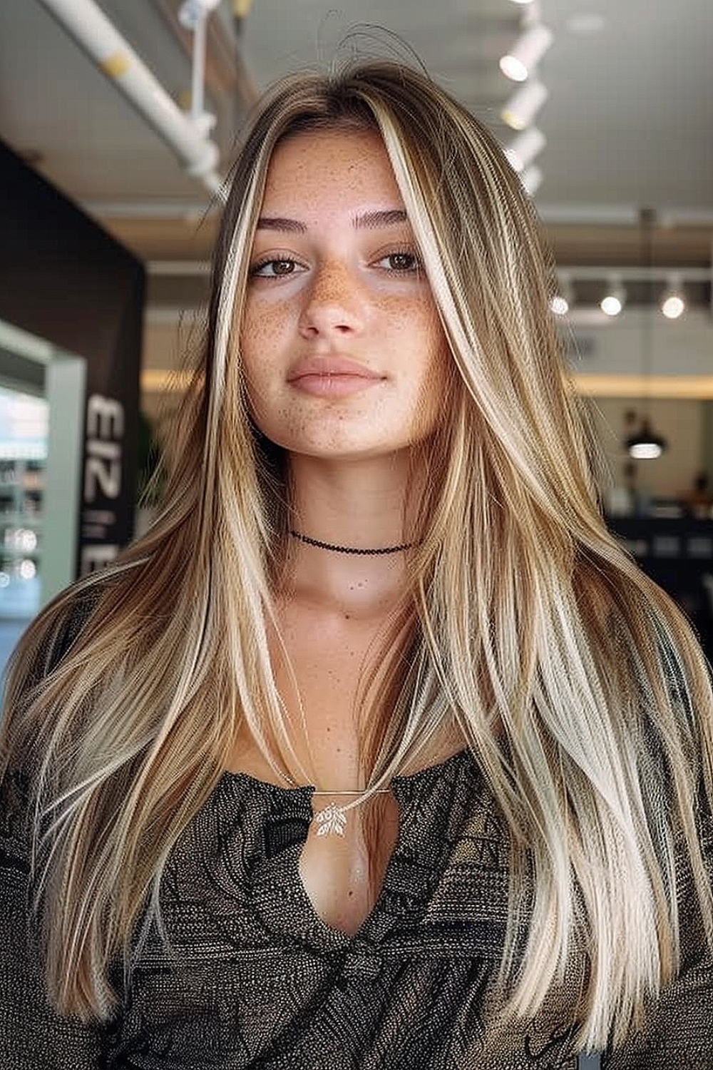 Long layered hair with face-framing blonde highlights