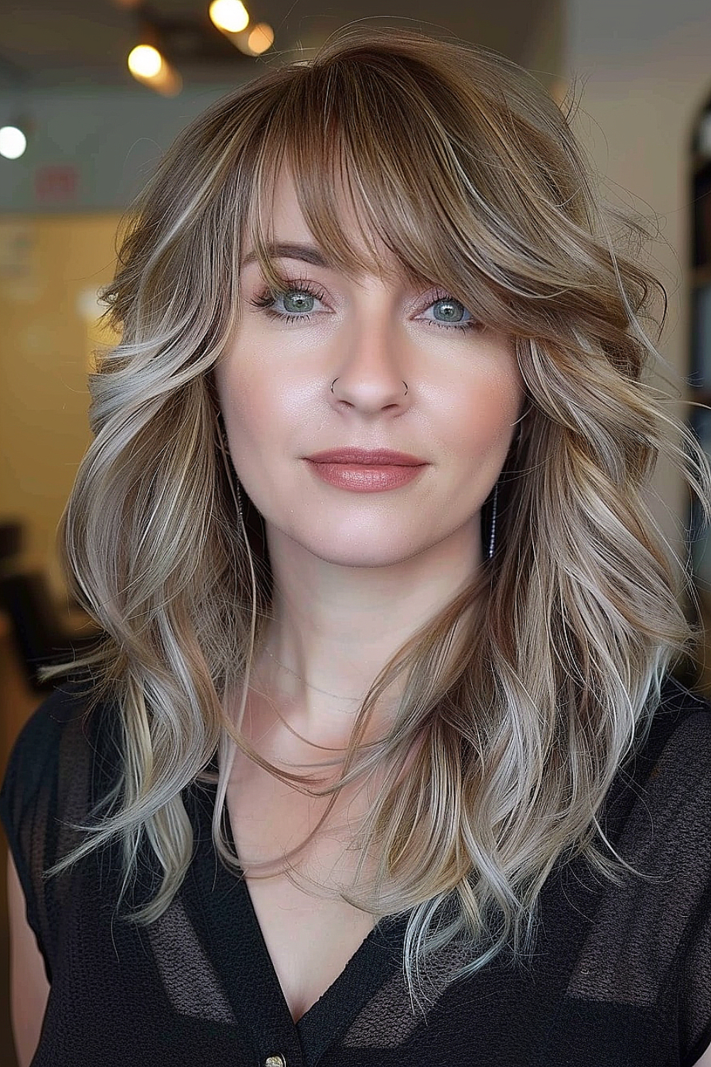 Medium layered haircut with side bangs and soft waves