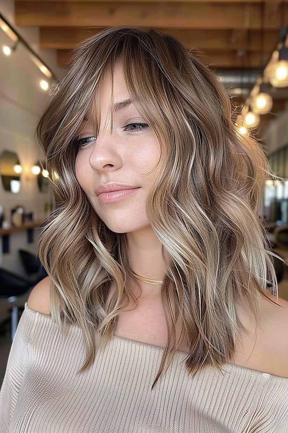 Medium length layered haircut with side bangs