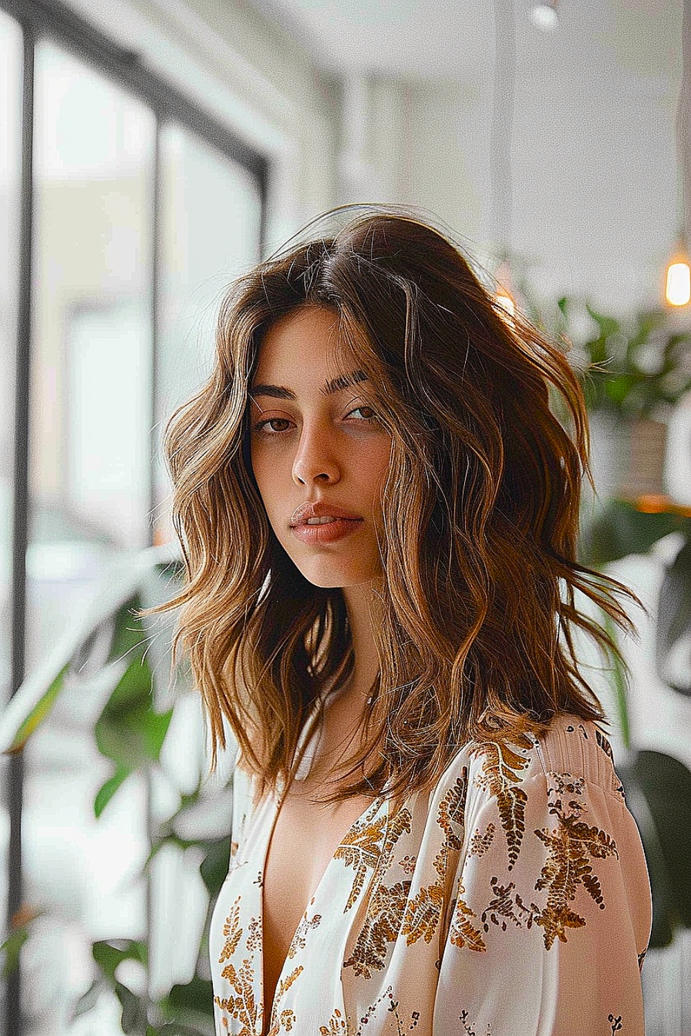 Woman with layered medium shag and curtain bangs