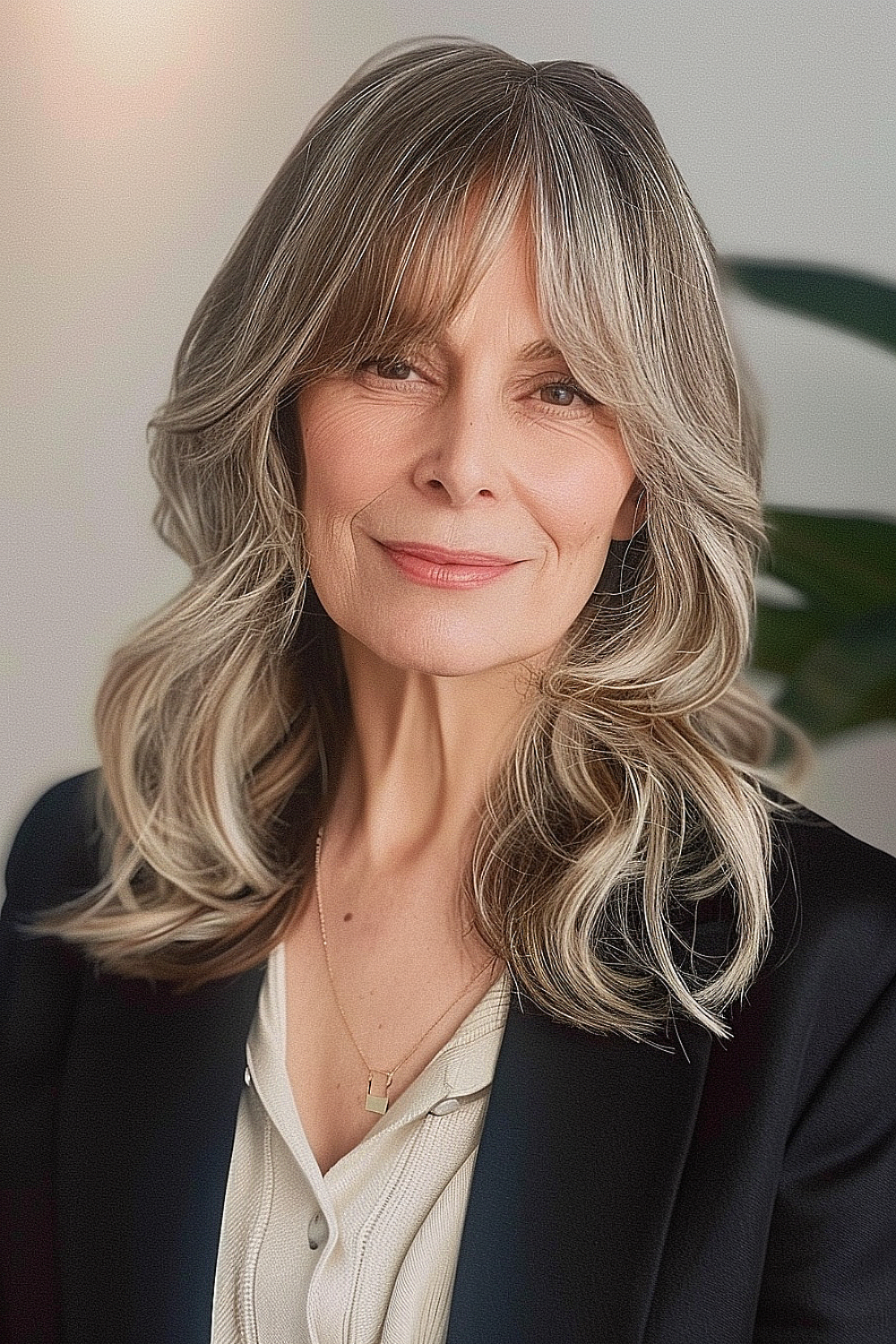 Woman with layered mid-length hair and parted bangs, featuring a blend of gray and blonde tones