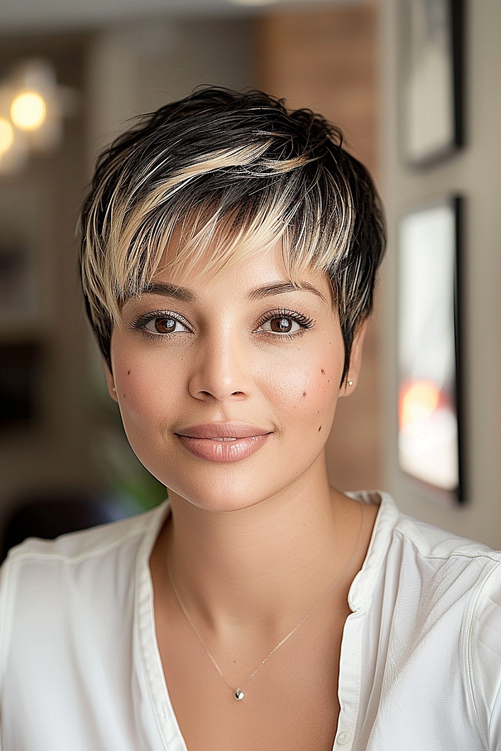 Layered pixie cut with blonde highlights