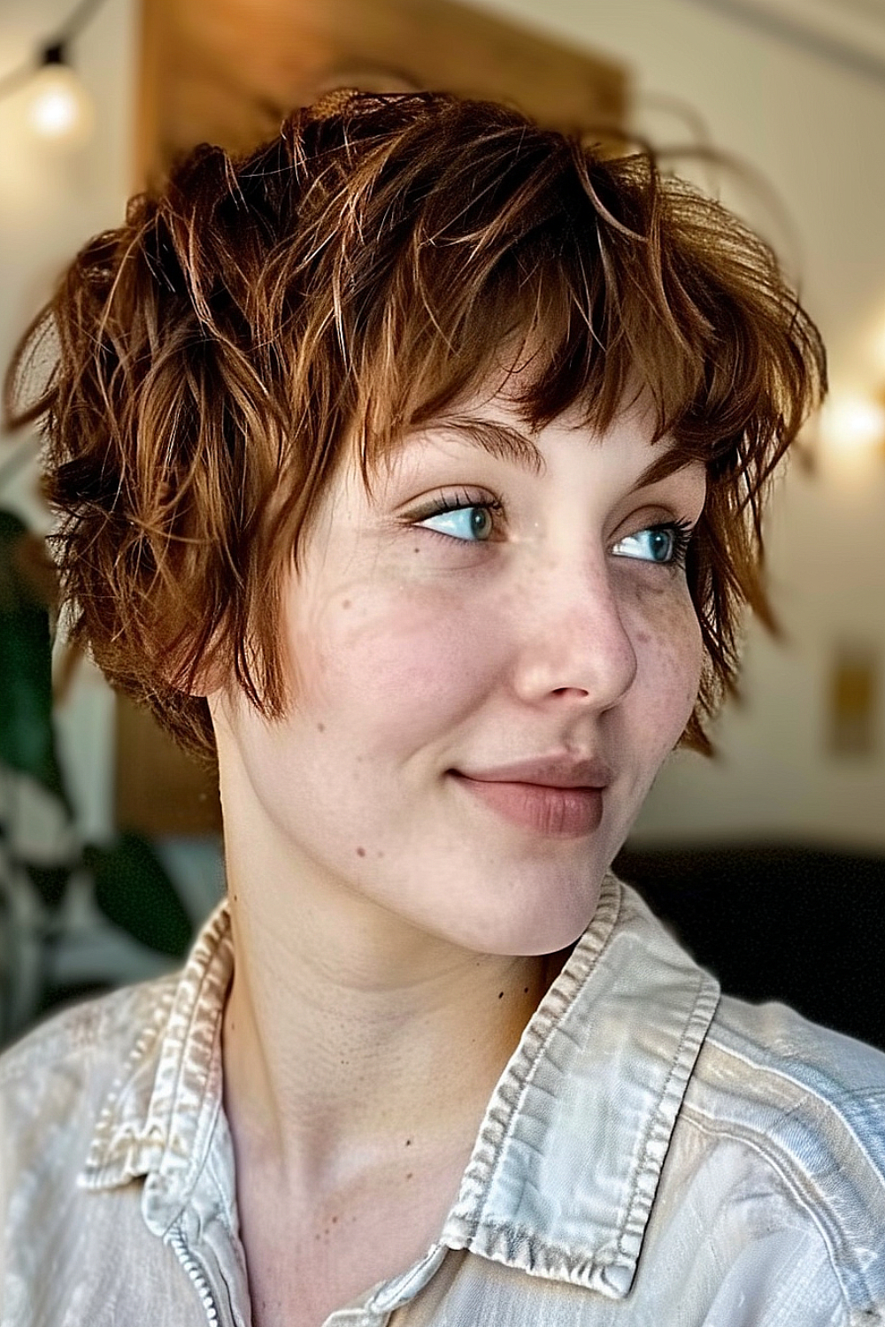 Woman with a layered pixie shag haircut for thin hair