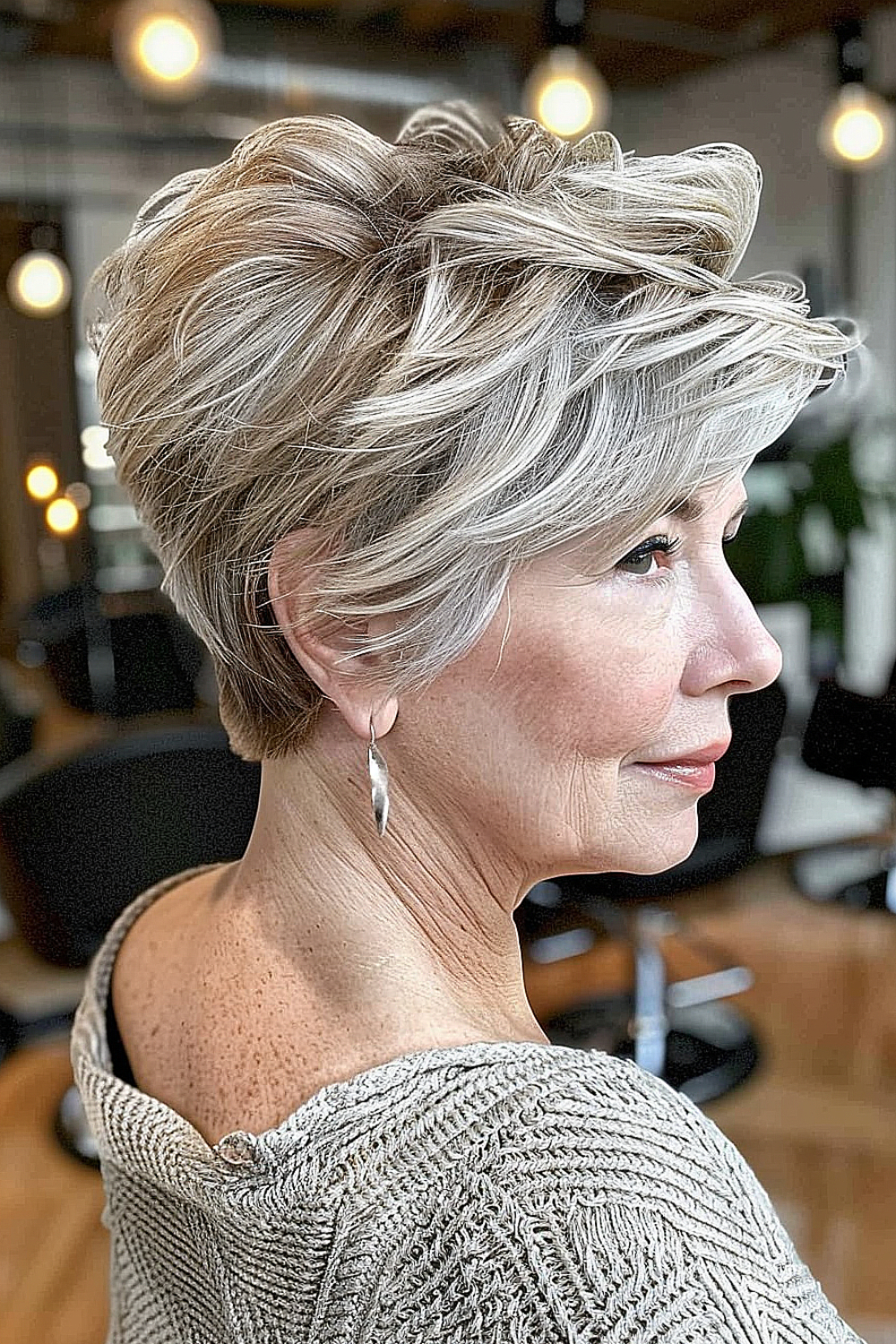 Layered pixie cut with feathered finish in silver and blonde tones