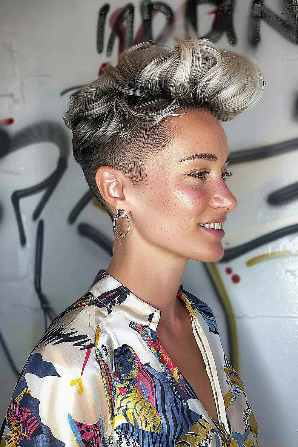 Side view of a woman with a layered pixie cut featuring voluminous top layers and closely cropped sides.