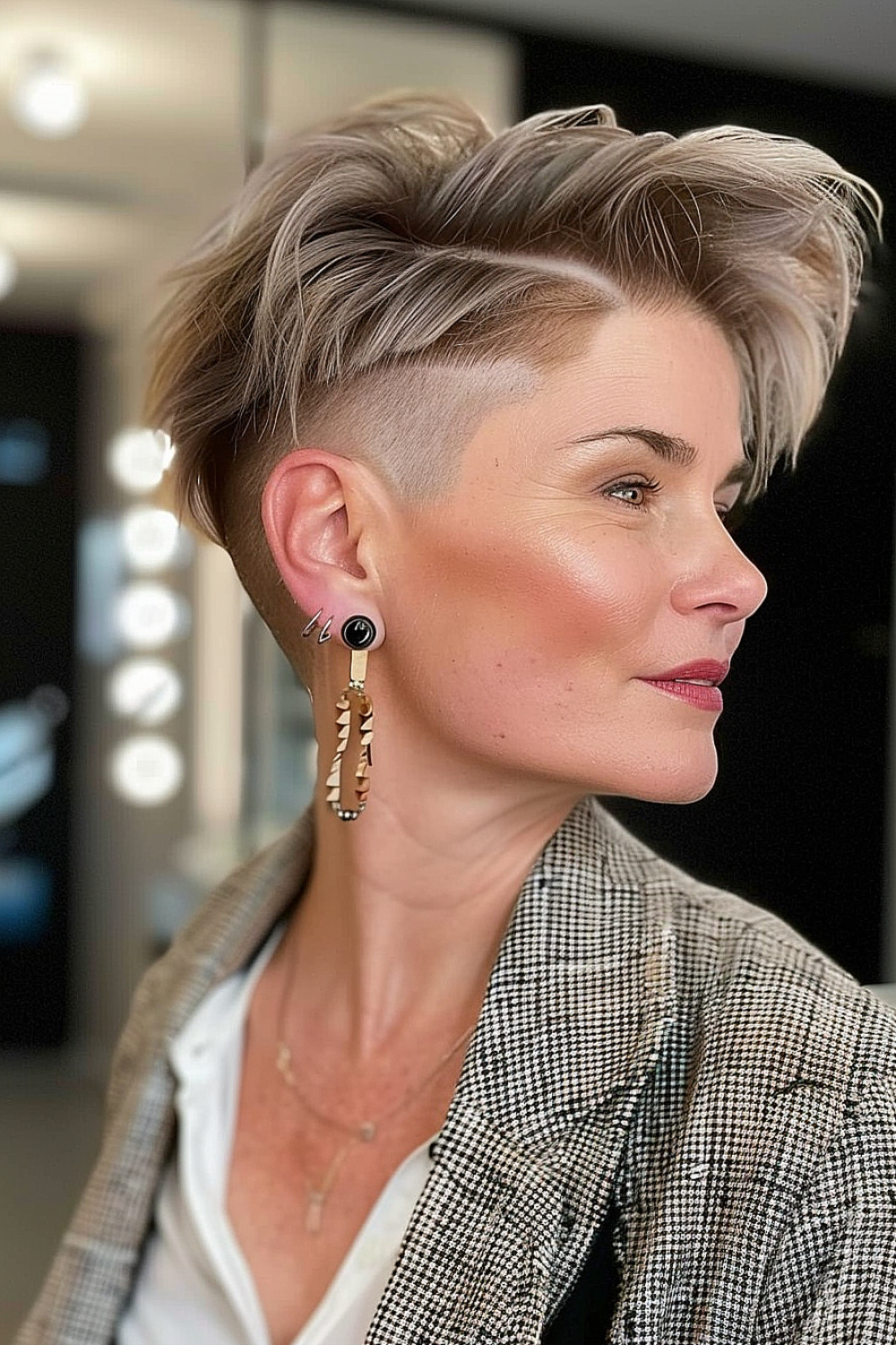 Layered pixie cut with hidden undercut and silver hair on a woman over 50