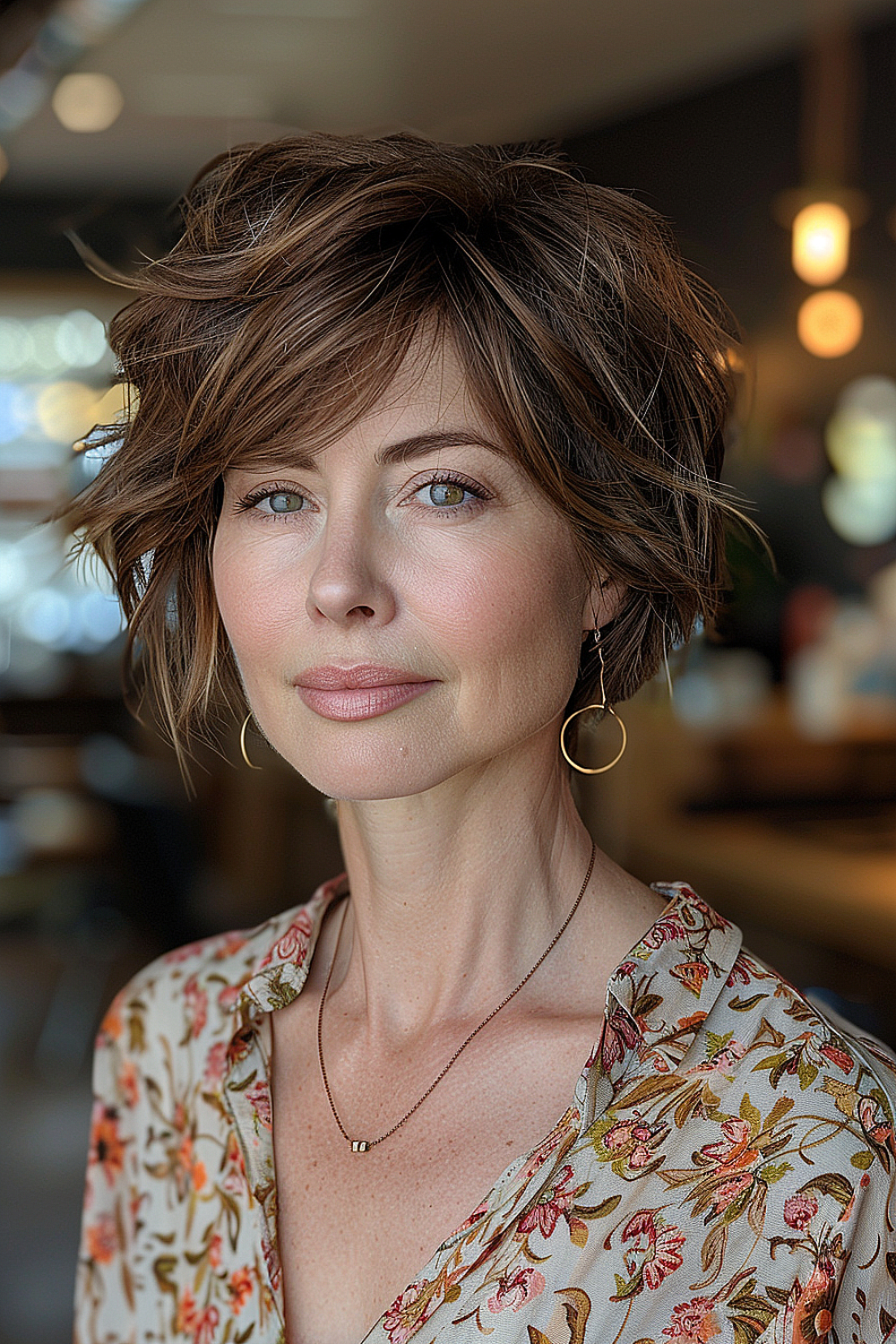 Woman with a tousled layered pixie cut and long side-swept bangs in chestnut tones