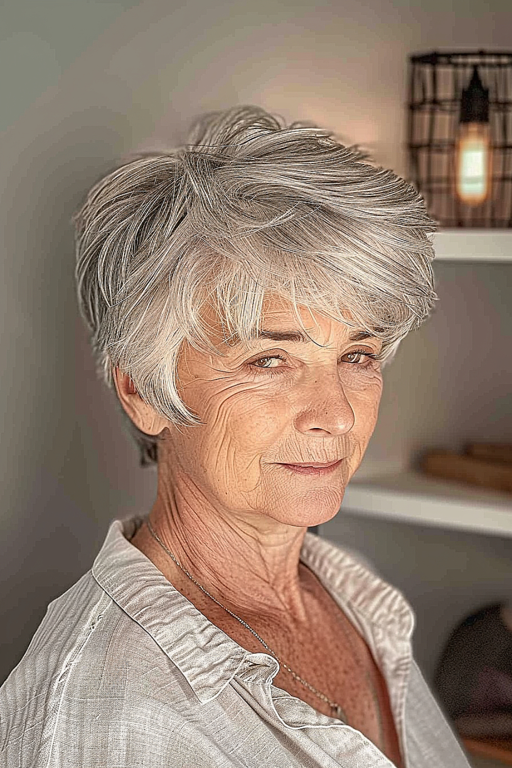 Woman with a layered pixie cut in natural gray