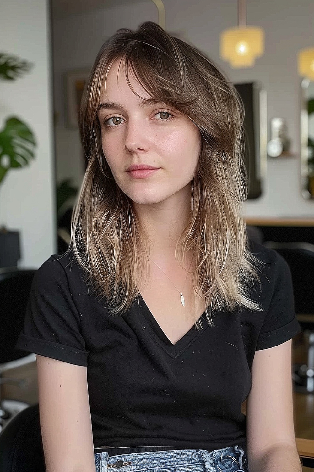 Woman with a layered shag haircut and soft bangs