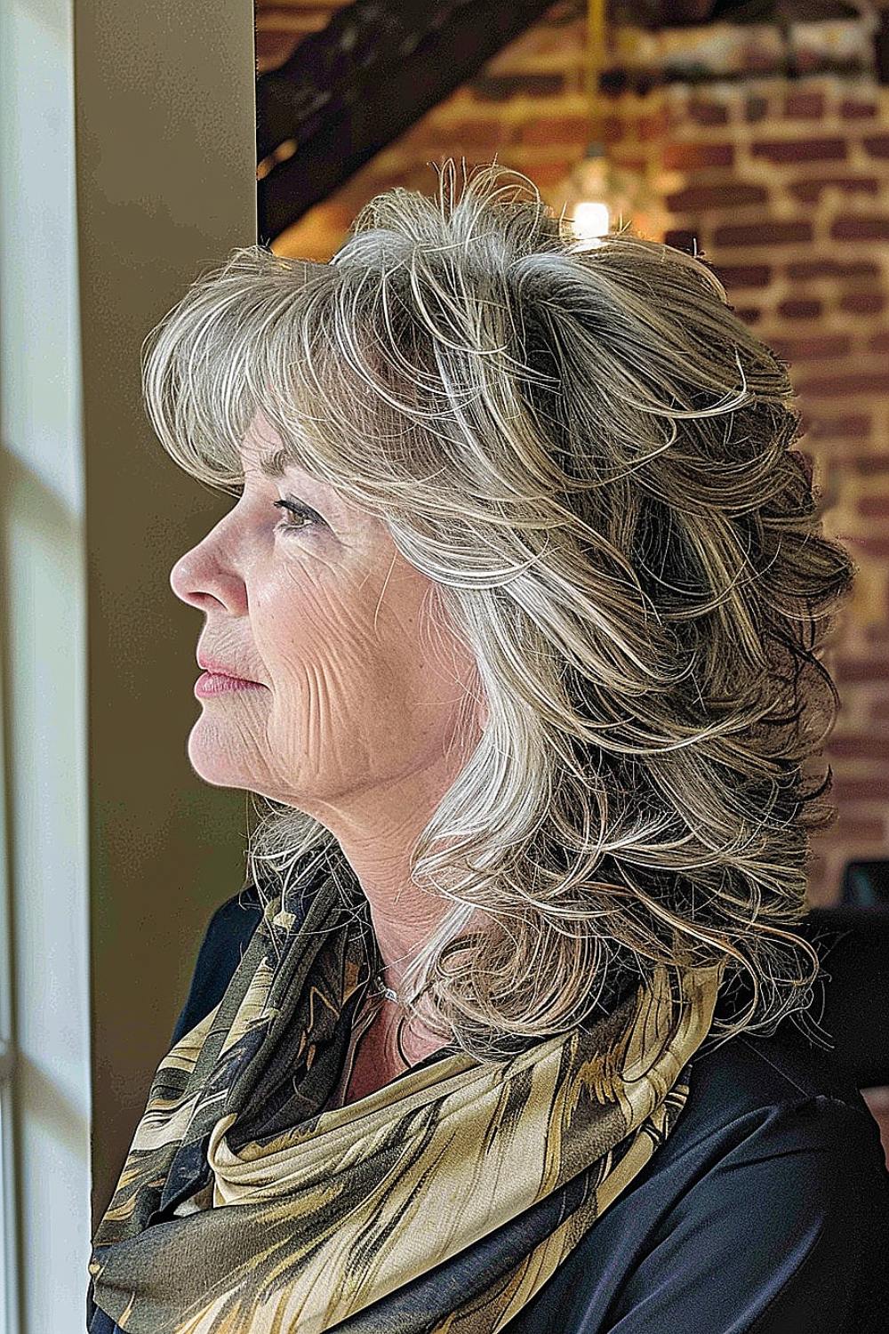 Layered shag haircut with feathered ends on a senior woman