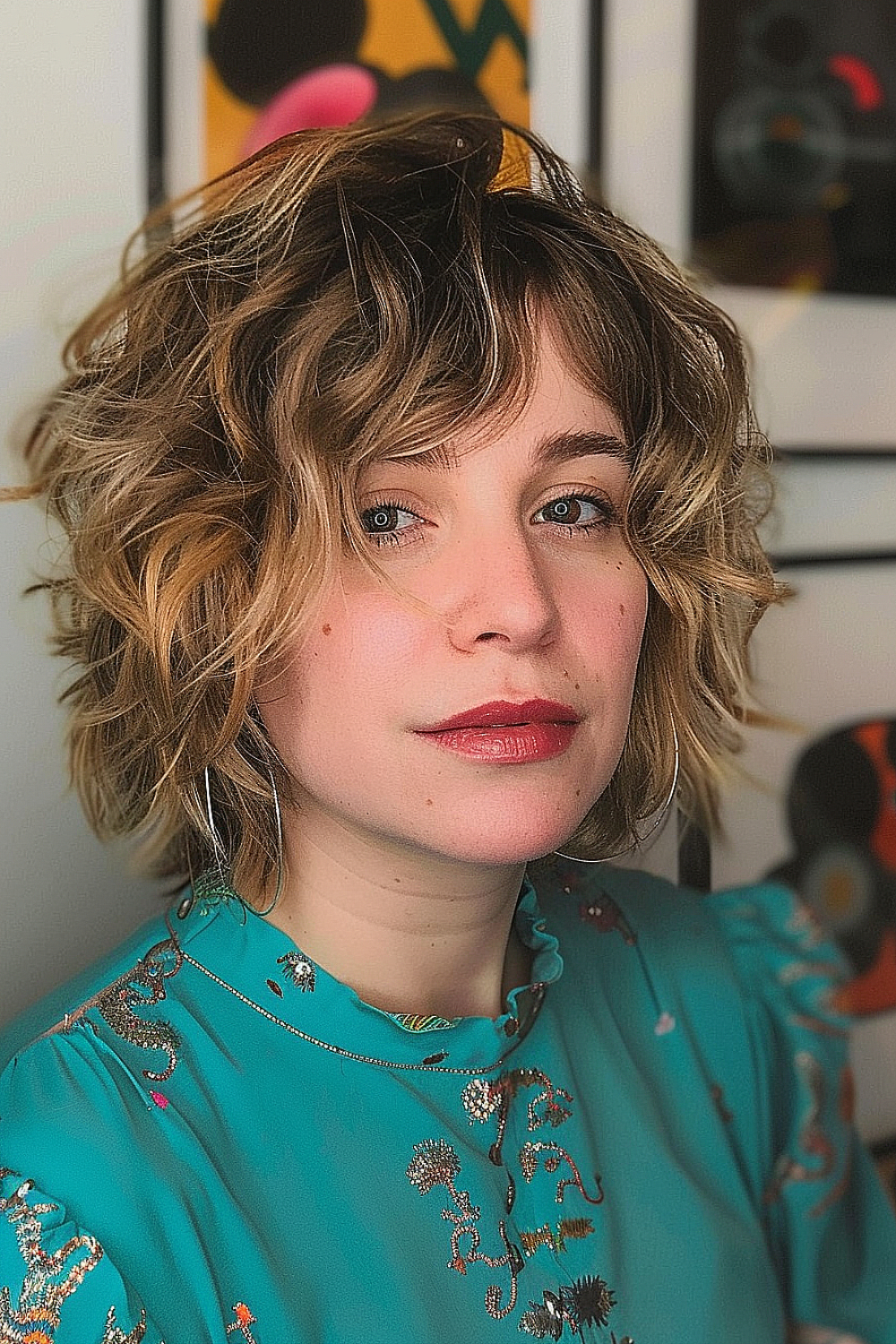 Woman with a layered shag haircut featuring soft curls and volume