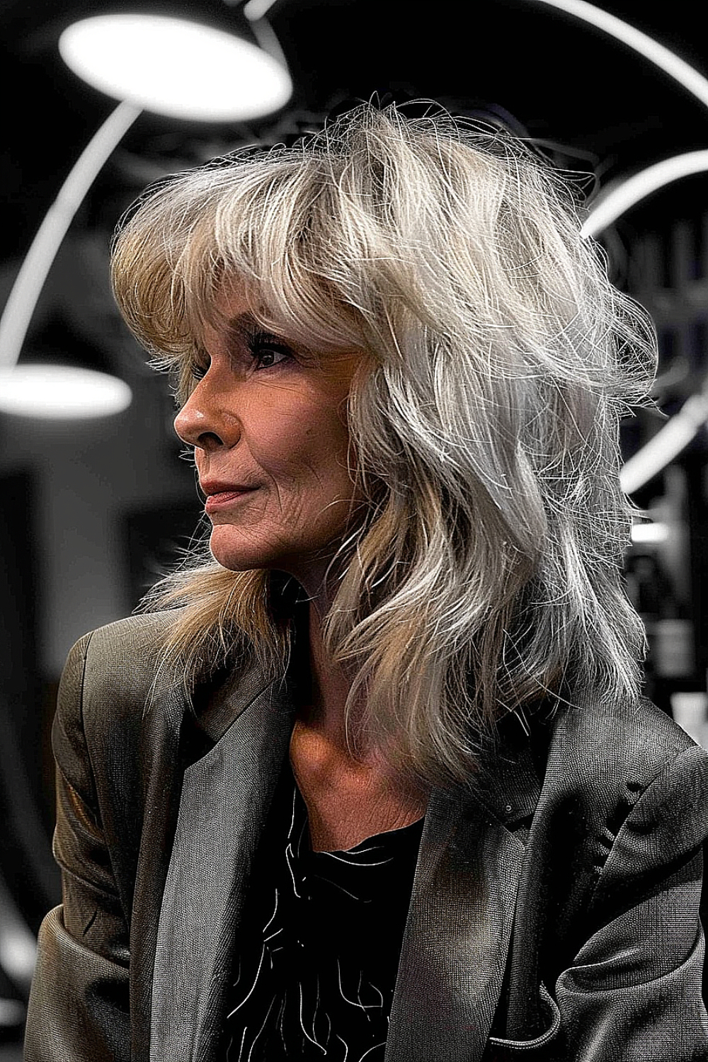 Layered shag hairstyle with voluminous roots and silver blending for women over 60