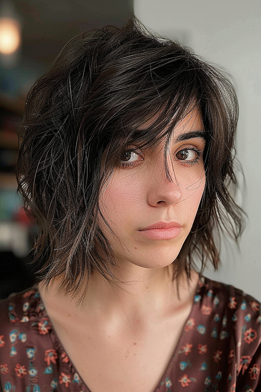 Woman with a layered shaggy bob and side-swept bangs