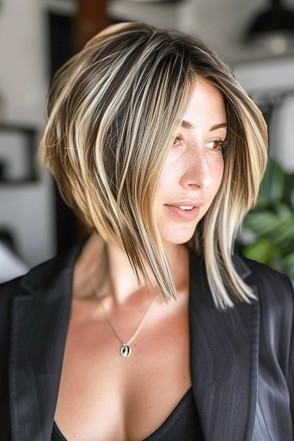 Layered stacked bob with blonde highlights