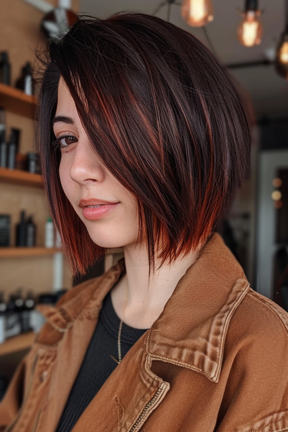 Layered stacked bob with copper highlights