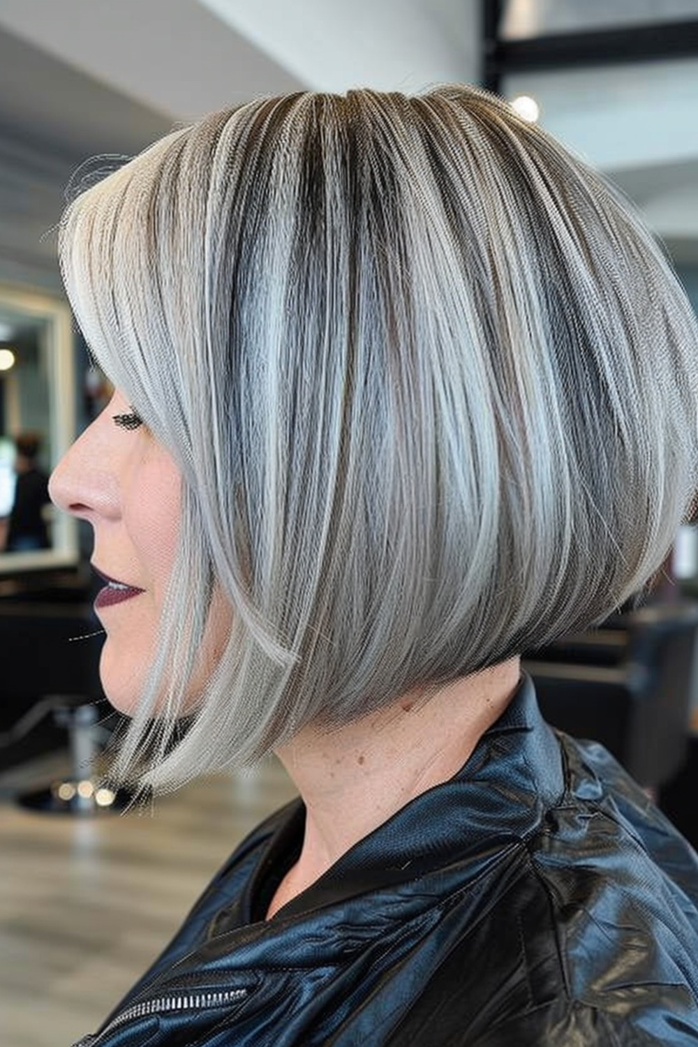 Layered stacked bob with silver highlights