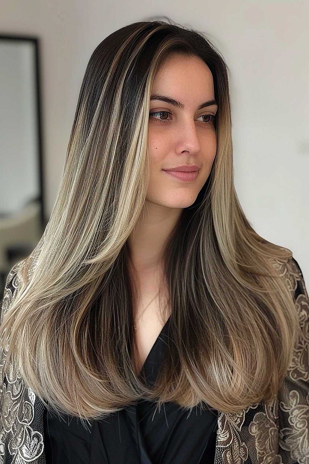 Woman with layered straight hair and balayage