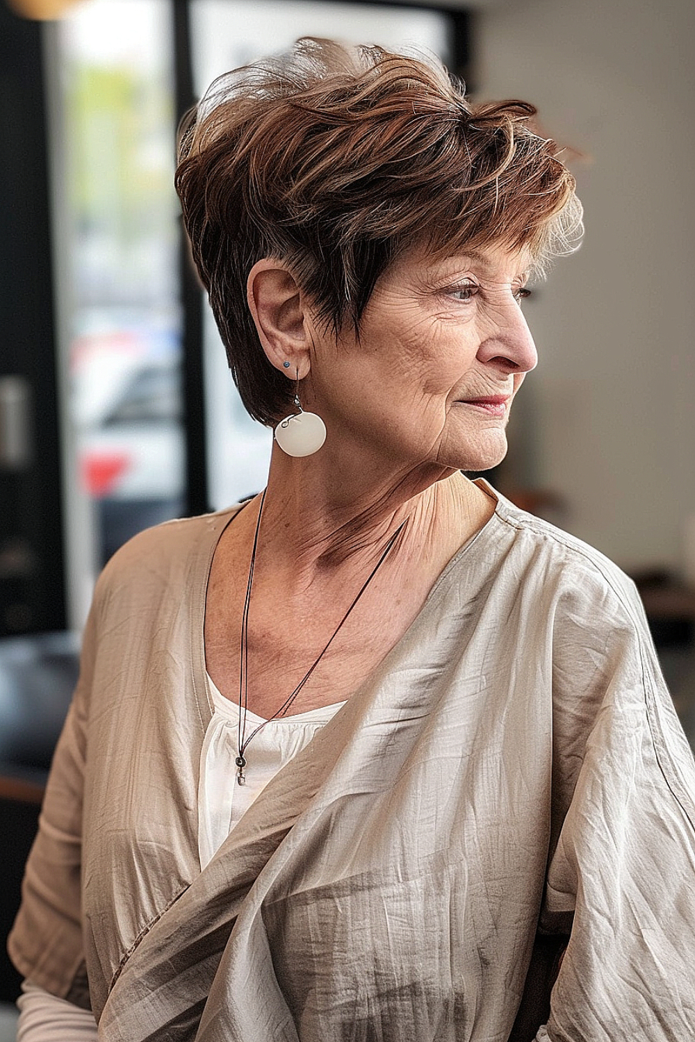 A woman with a layered tapered pixie cut in chocolate brown, designed for volume and movement