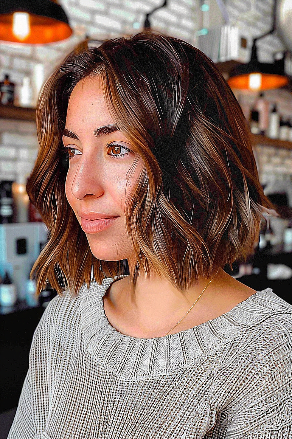 Woman with a layered textured bob and subtle lowlights