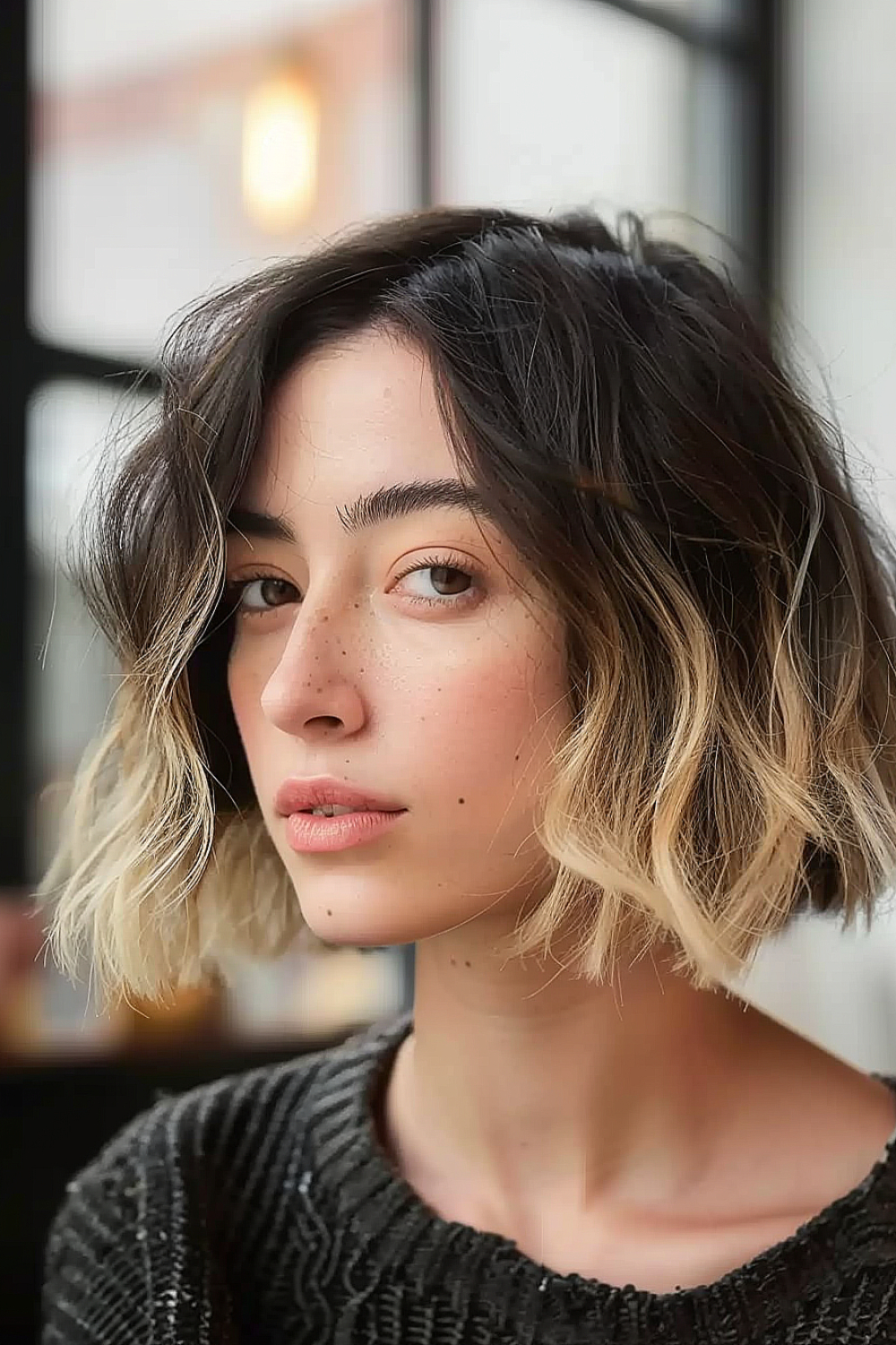 Woman with a layered wavy bob and ombre highlights