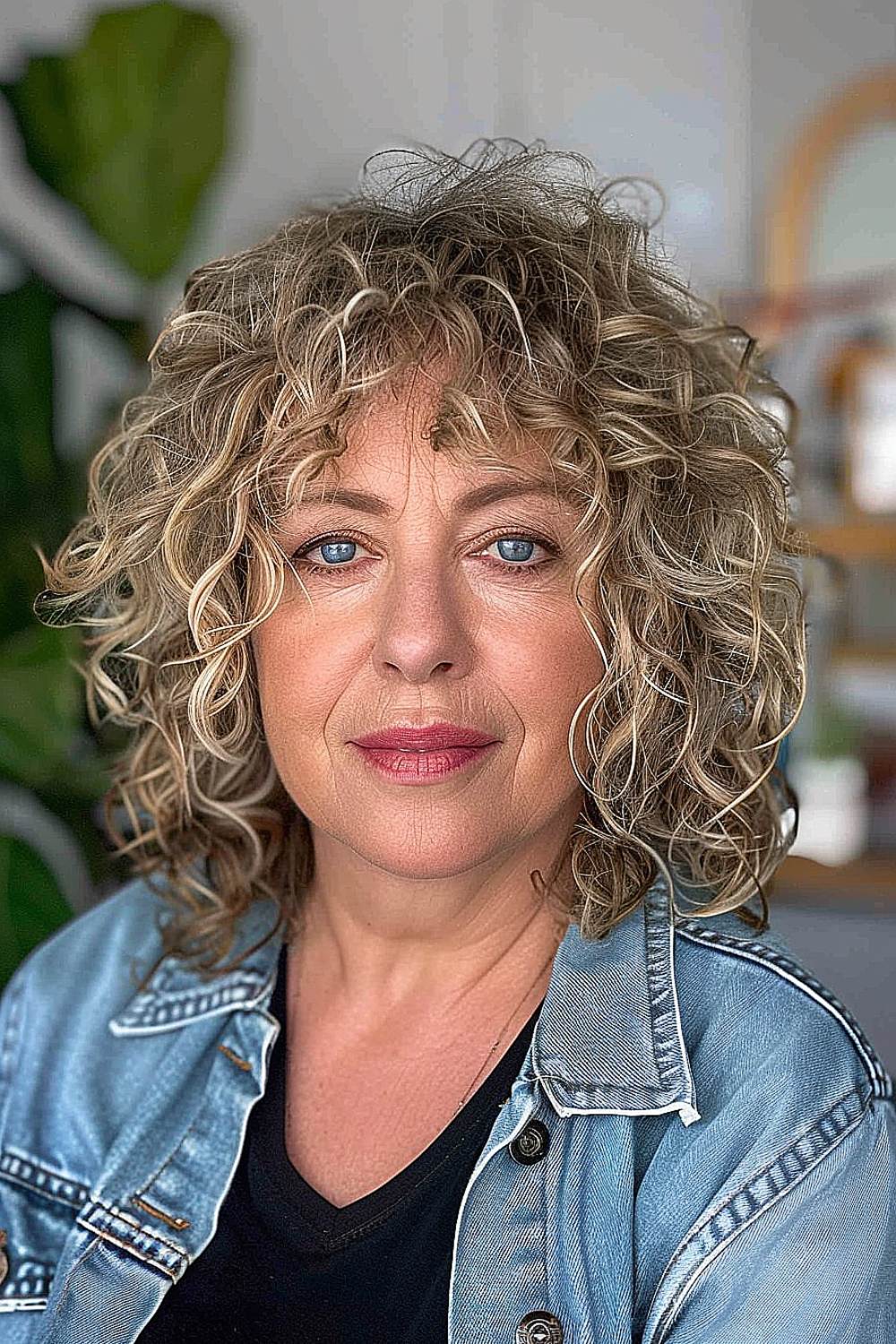 Woman with a layered perm and curtain bangs