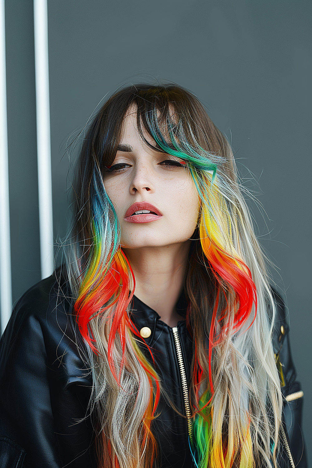 Long shag hairstyle with ash blonde hair and a hidden rainbow of underlights