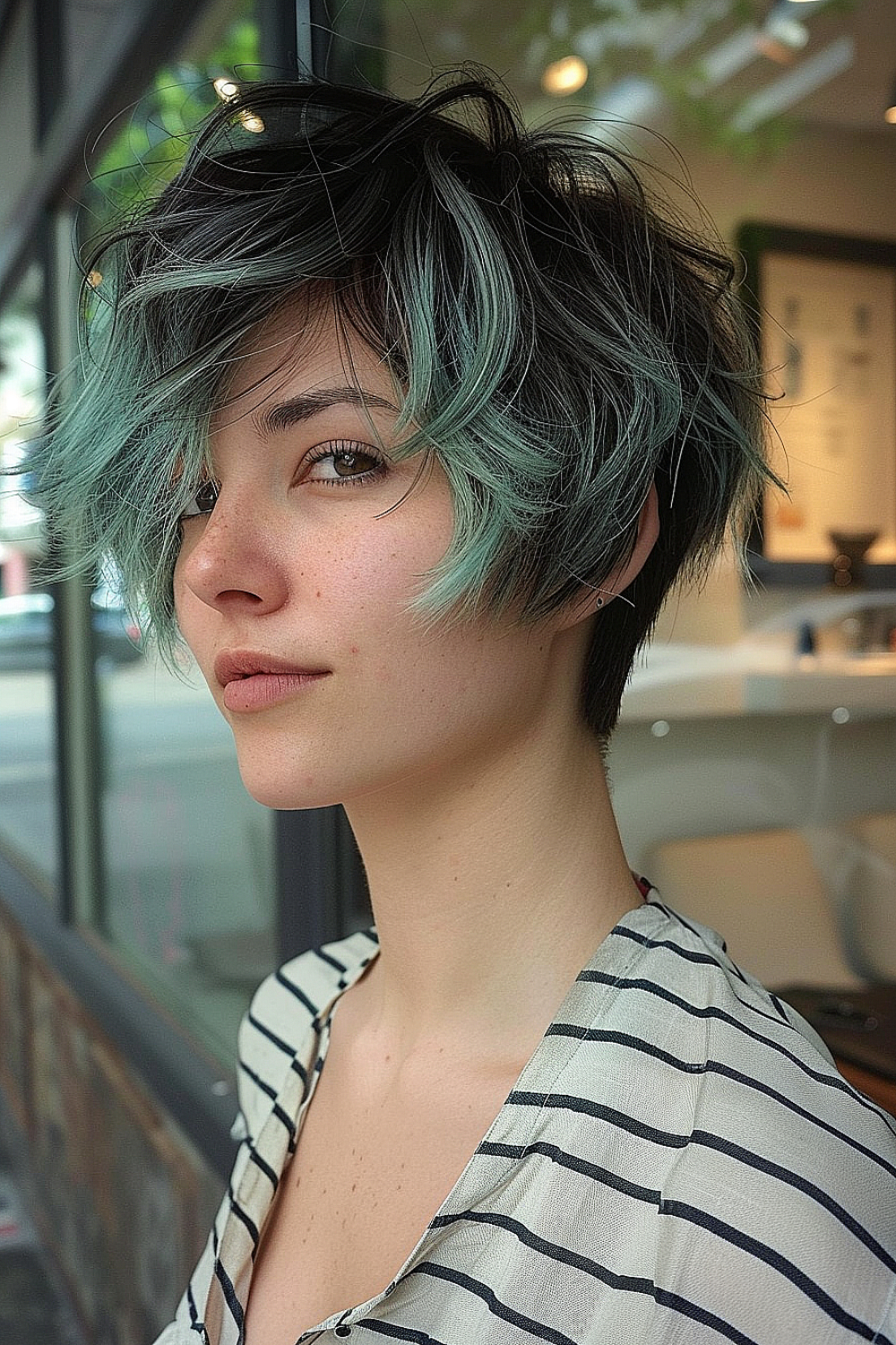 Lixie cut for thick hair with seafoam highlights