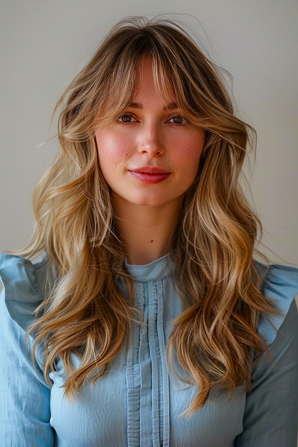 Long blonde layers and curtain bangs