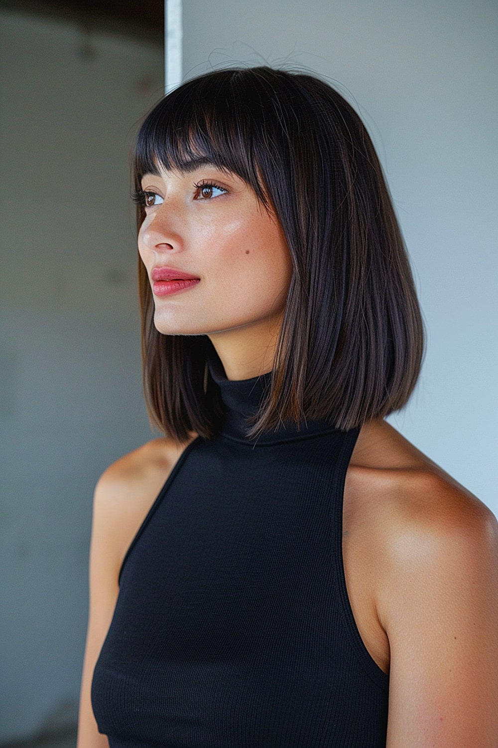 Long bob hairstyle with bangs